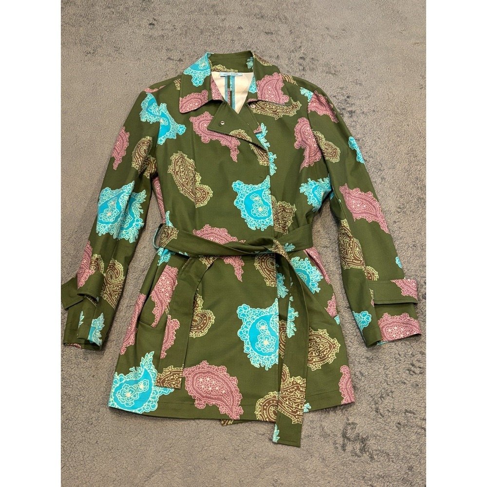 Gene Meyer Peacoat Womens 12 Green Paisley Spring Trench Coat Snap Belt Cotton
